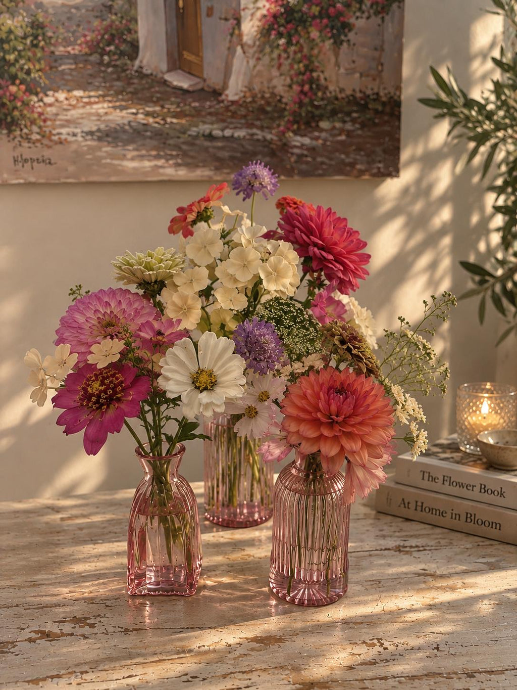 Three Botanica bud vases filled with seasonal flowers